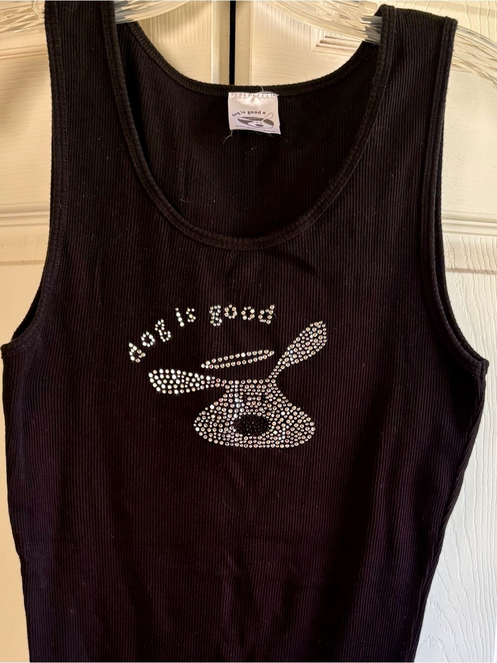 'Dog is Good' Black Ribbed Tank Top  with rhinestone design